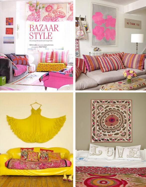 Hình ảnh minh họa cho việc sử dụng tông màu tươi sáng, lãng mạn như hồng, xanh lam, tím, đỏ trong phong cách nội thất Bazaar