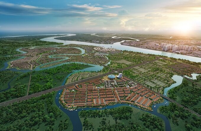 Phối cảnh khu đô thị sinh thái thông minh Aqua City quy mô hơn 600 ha tại phía Đông TP HCM, được bao bọc bởi các hệ thống sông lớn như sông Đồng Nai, sông Buông, sông Trong.