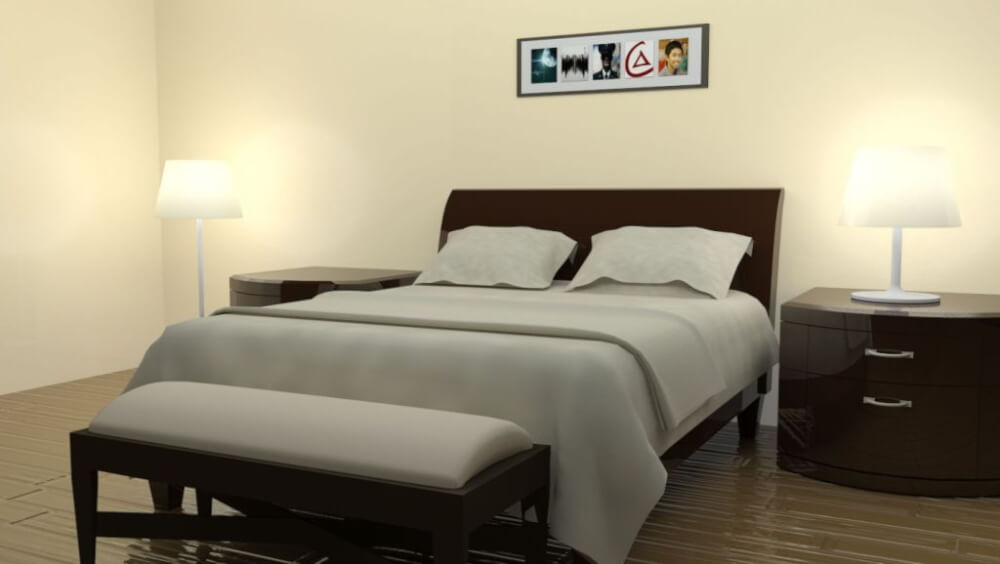 Hình ảnh phòng ngủ tối giản với nội thất gỗ màu tối, hai bên đầu giường là tab, bàn ngăn kéo, bộ đôi đèn màu trắng, tranh treo tường nhỏ gọn