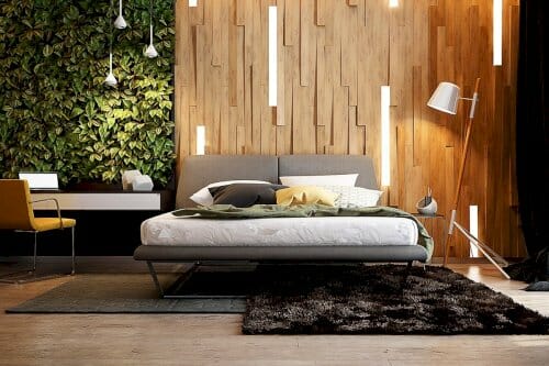 Hình ảnh phòng ngủ với tường đầu giường ốp gỗ, tường cây, đèn thả độc đáo