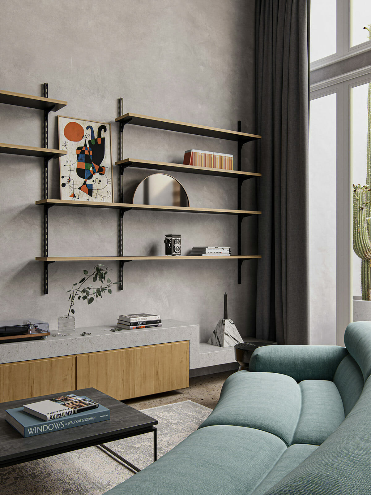 Hình ảnh phòng khách căn hộ hiện đại với tường bê tông màu xám, ghế sofa màu xanh ngọc, bàn trà nhỏ màu đen, kệ gỗ gắn tường