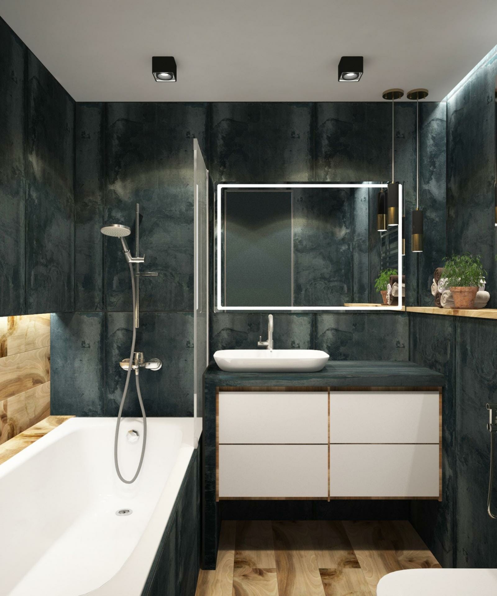 Hình ảnh phòng tắm với những bức tường màu xám tối, bồn tắm màu trắng