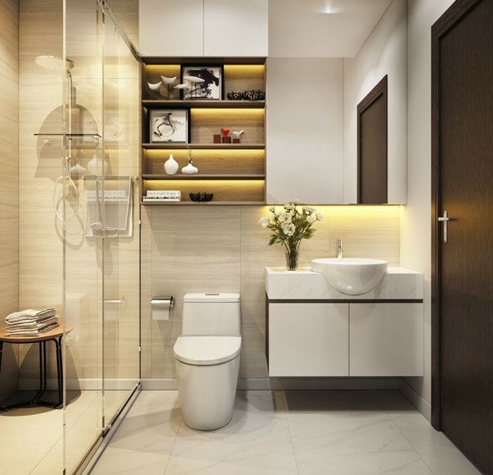 Trong nhà lô 3 tầng, phòng vệ sinh được thiết kế theo phong cách hiện đại, phân tách thành hai khu khô - ướt rõ ràng