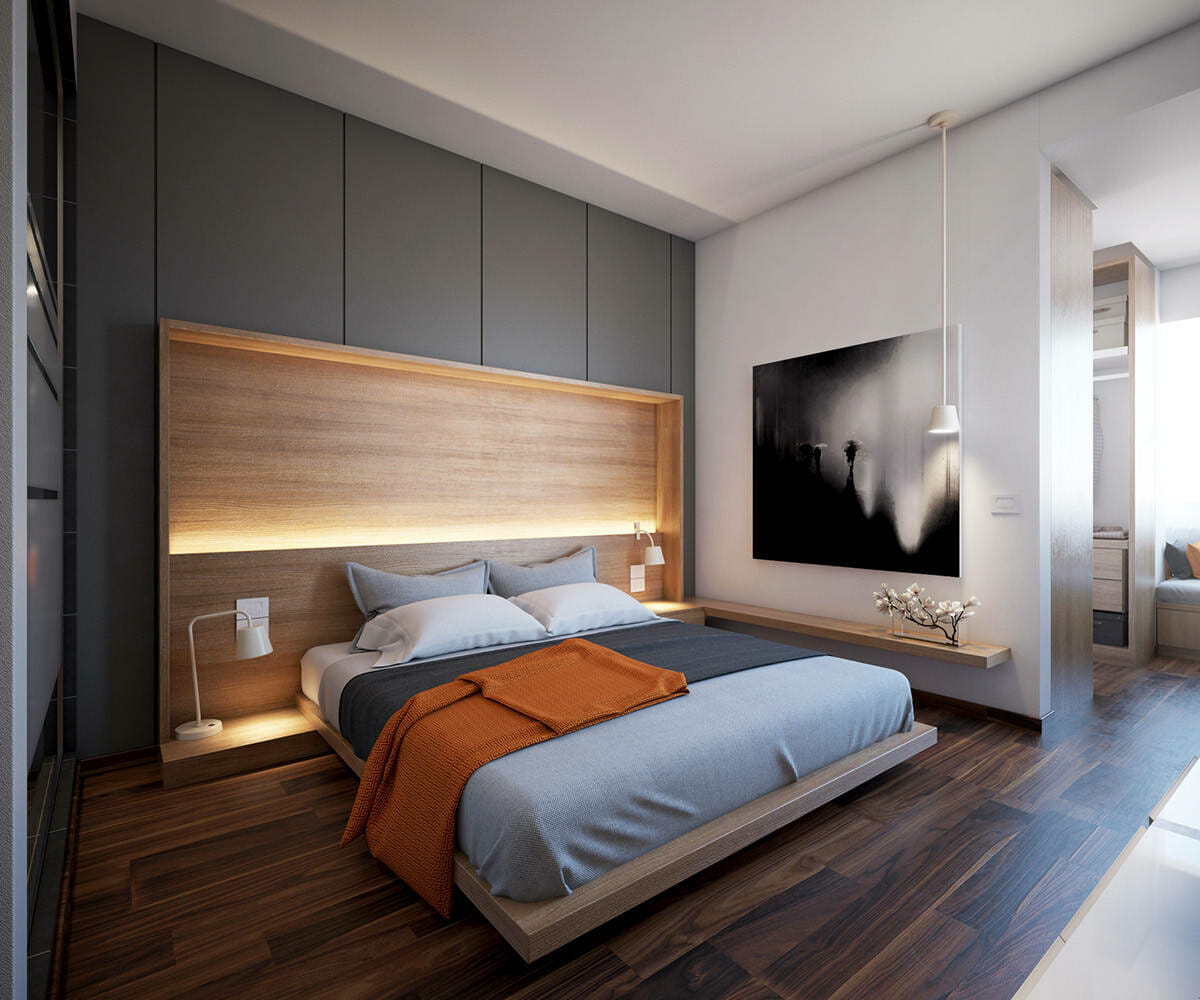 Hình ảnh phòng ngủ với đèn led đầu giường tỏa ánh sáng dịu nhẹ