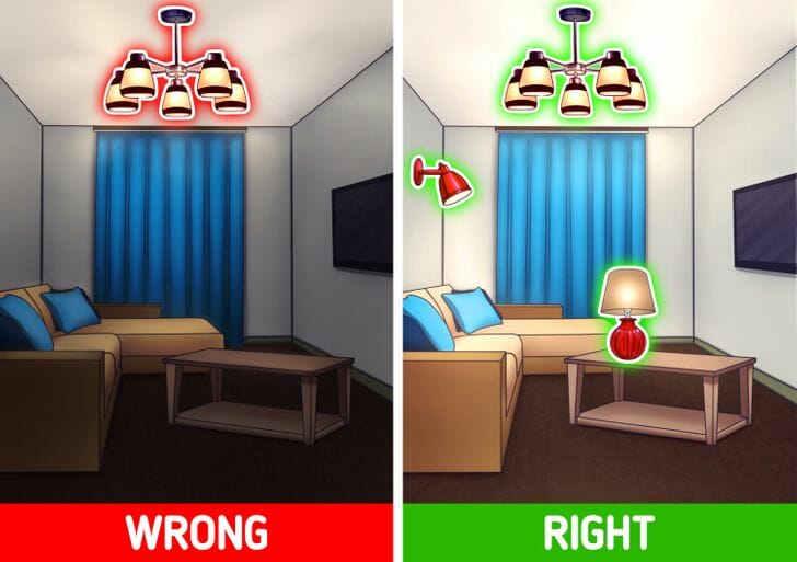 Hình ảnh minh họa cho việc phòng khách chỉ có một nguồn sáng là đèn chùm với phòng khách sử dụng nhiều loại đèn khác nhau