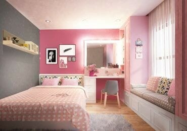 Phòng ngủ tông hồng ngọt ngào của cô con gái với không gian ngủ nghỉ, thư giãn và học tập được thiết kế gọn xinh trong cùng một mặt sàn.