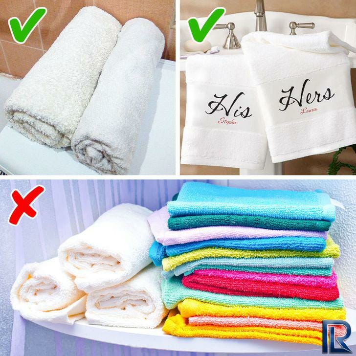 Dùng khăn màu trắng tạo cảm giác sạch sẽ, sang trọng cho phòng tắm