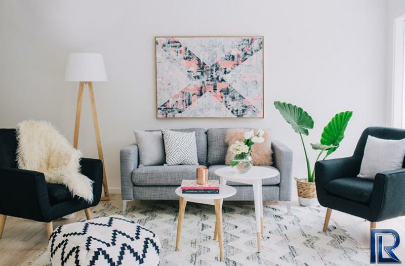 Thiết kế phòng khách phong cách scandinavia sử dụng màu hồng pastel kết hợp tông màu trung tính