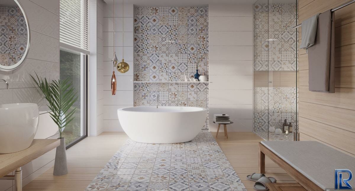 Thiết kế phòng tắm với gạch bông họa tiết đa dạng, bắt mắt