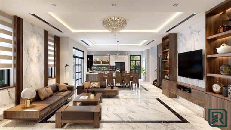 Thiết kế nội thất phòng khách bằng gỗ hiện đại