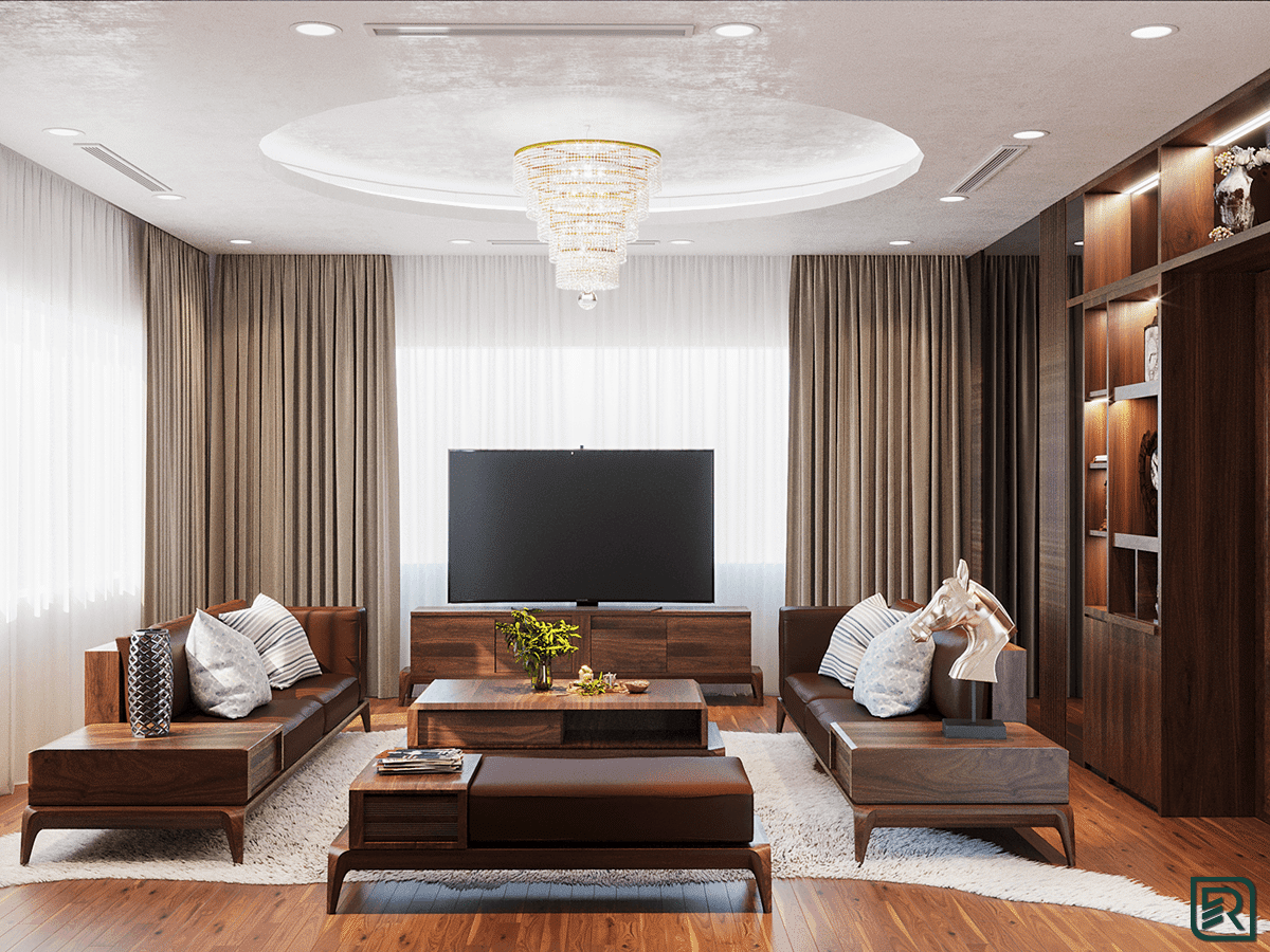 Thiết kế nội thất phòng khách bằng gỗ hiện đại