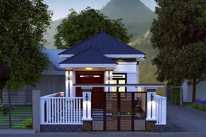 Bố trí đèn trụ cổng hai bên giúp chiếu sáng và tăng thẩm mỹ cho cổng nhà cấp 4 vào ban đêm