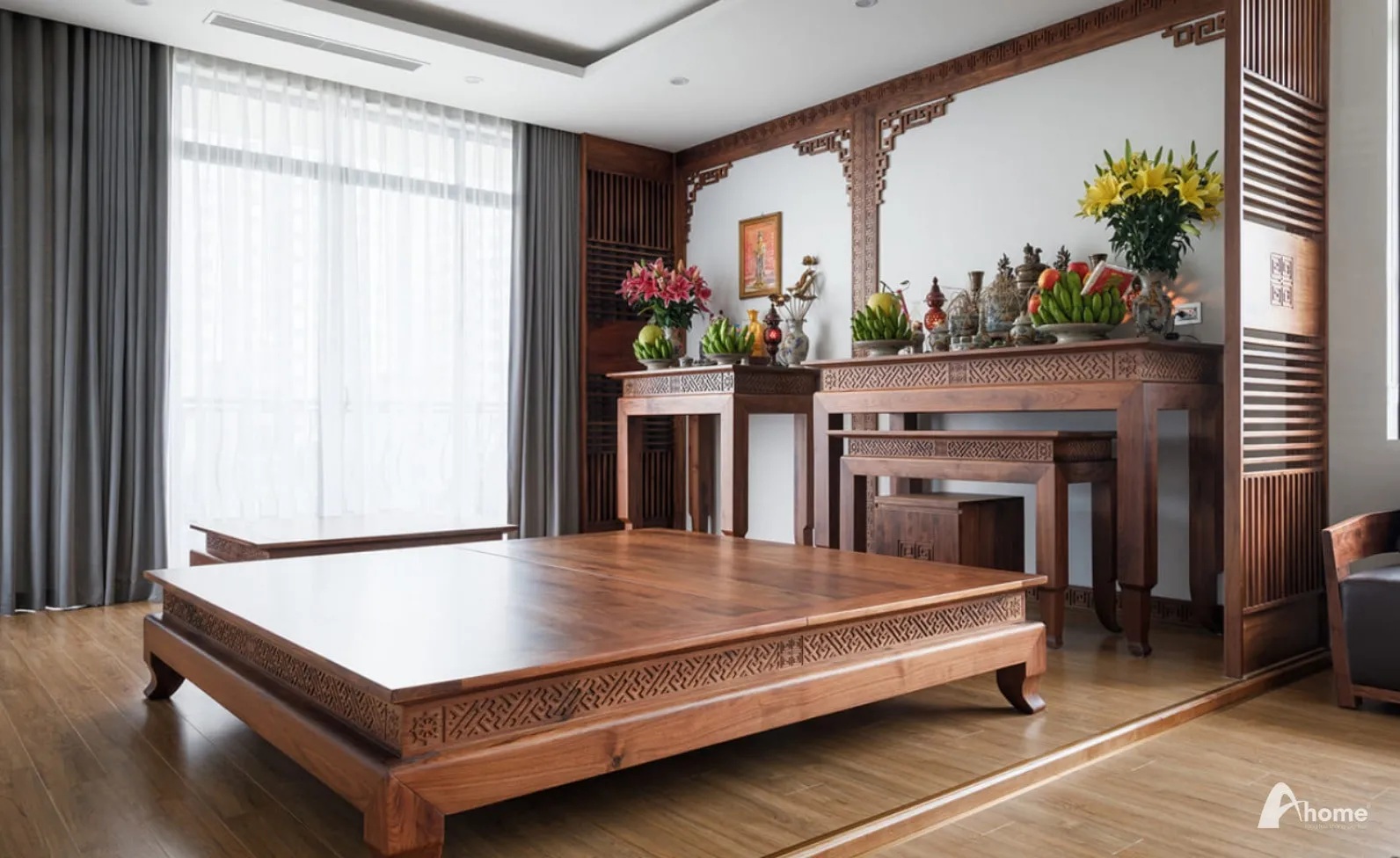 Không gian phòng thờ tân cổ điển trang nghiêm với bàn thờ gỗ óc chó chạm khắc