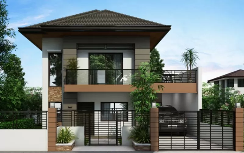 Mẫu nhà 2 tầng đẹp 2025 với mặt tiền hiện đại và ban công rộng rãi