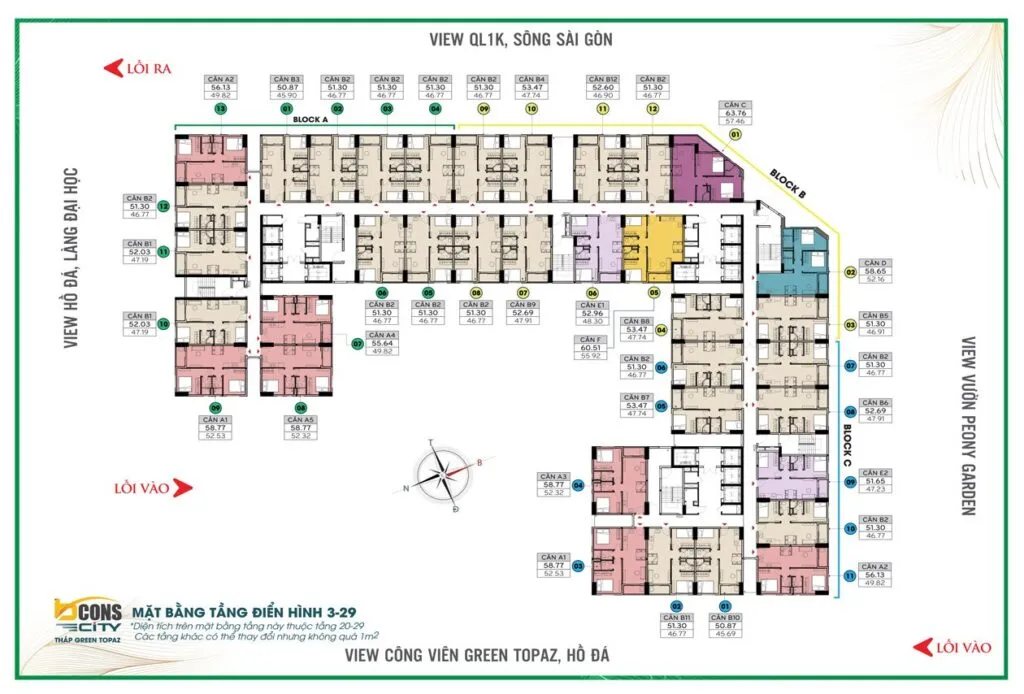 Chi tiết mặt bằng tầng điển hình các block A, B, C tháp Green Topaz Bcons City