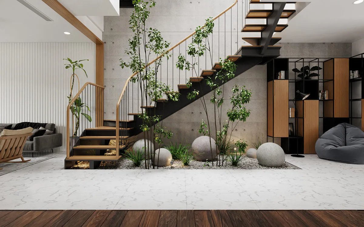 Thiết kế cầu thang hiện đại kết hợp tiểu cảnh xanh mát tạo điểm nhấn ấn tượng