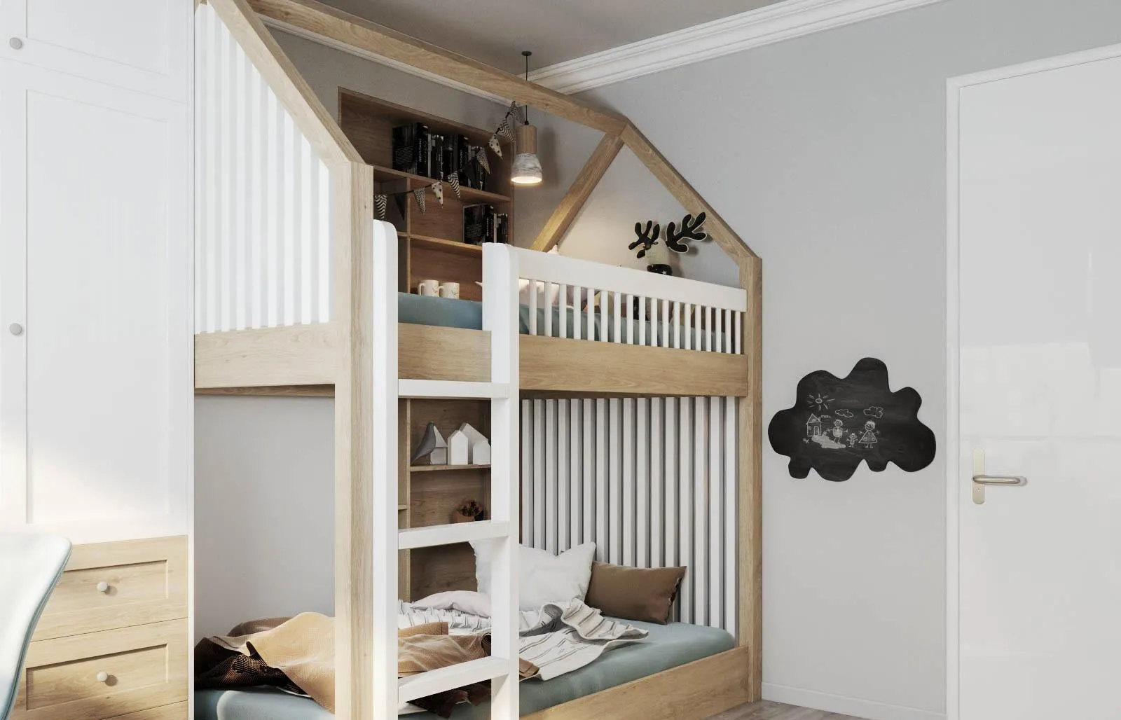 Chi tiết giường tầng hình ngôi nhà độc đáo và vững chắc trong phòng ngủ trẻ em phong cách Country House