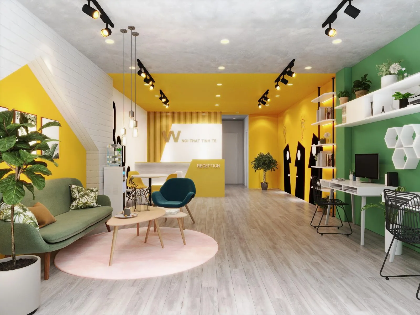 Không gian văn phòng shophouse hiện đại với tường sơn xanh lá và vàng chanh nổi bật trên nền trắng xám