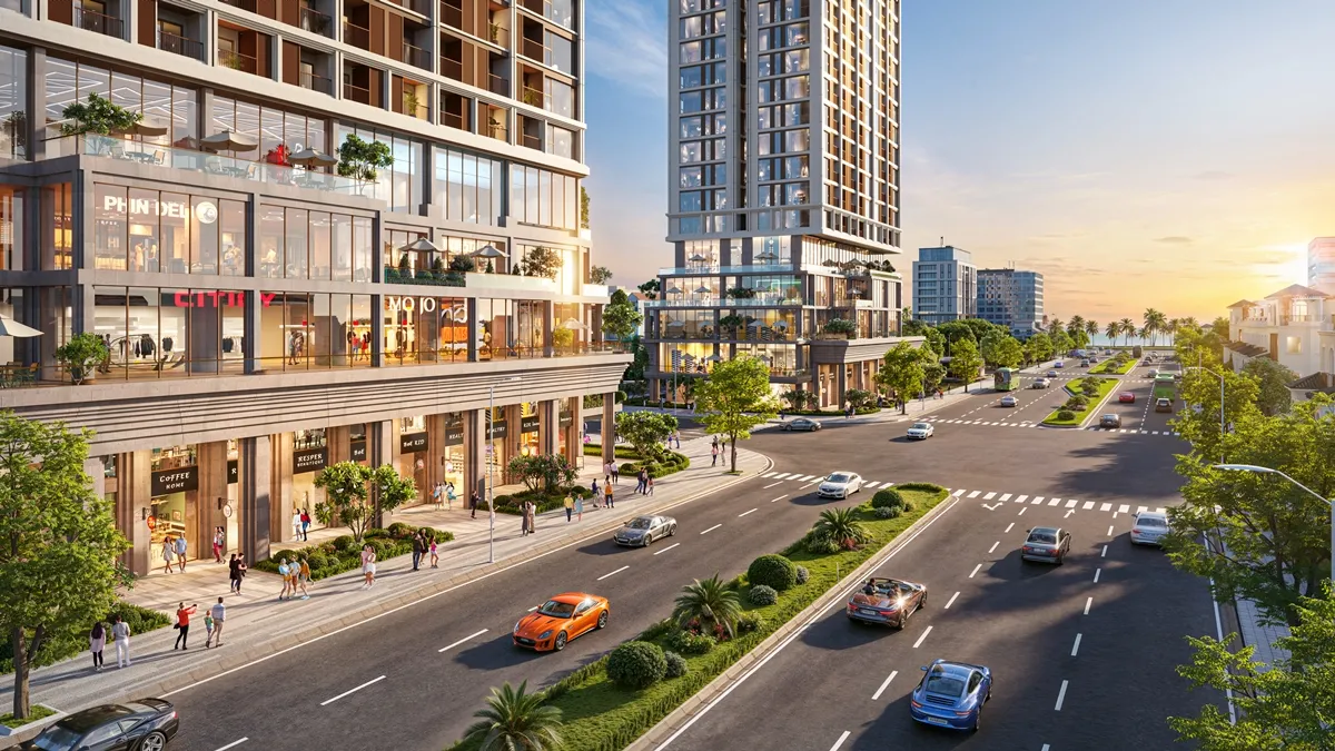 Phối cảnh Sun Costa Residence về đêm, nổi bật giữa trung tâm du lịch sầm uất của thành phố Đà Nẵng.