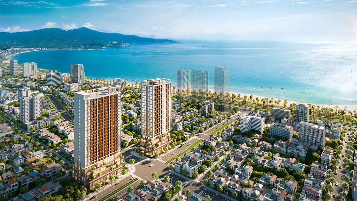 Phối cảnh tổng thể dự án Sun Costa Residence với hai tòa tháp cao tầng gần biển Mỹ Khê, Đà Nẵng.
