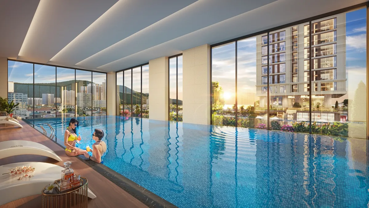 Minh họa các tiện ích nội khu cao cấp tại Sun Costa Residence như bể bơi bốn mùa, phòng gym, khu vui chơi trẻ em.