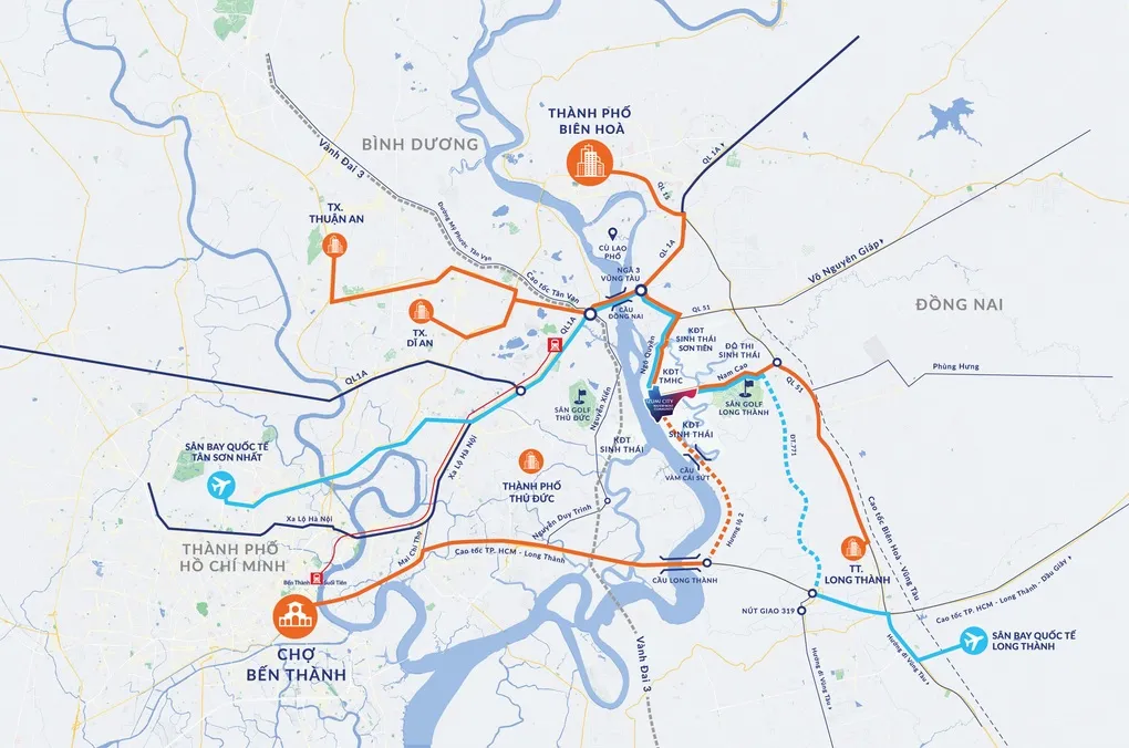 Sơ đồ vị trí Izumi City thể hiện kết nối chiến lược với TPHCM, Biên Hòa và sân bay Long Thành
