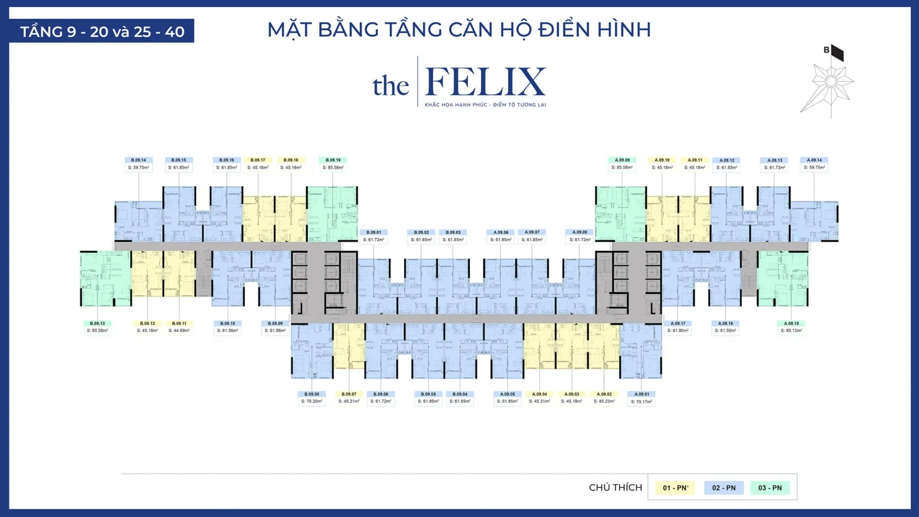 Sơ đồ mặt bằng tầng điển hình phân chia các loại căn hộ tại The Felix Thuận An