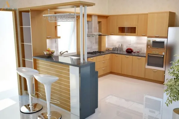 Quầy bếp mini và kệ mở giúp không gian bếp nhỏ trở nên ngăn nắp hơn