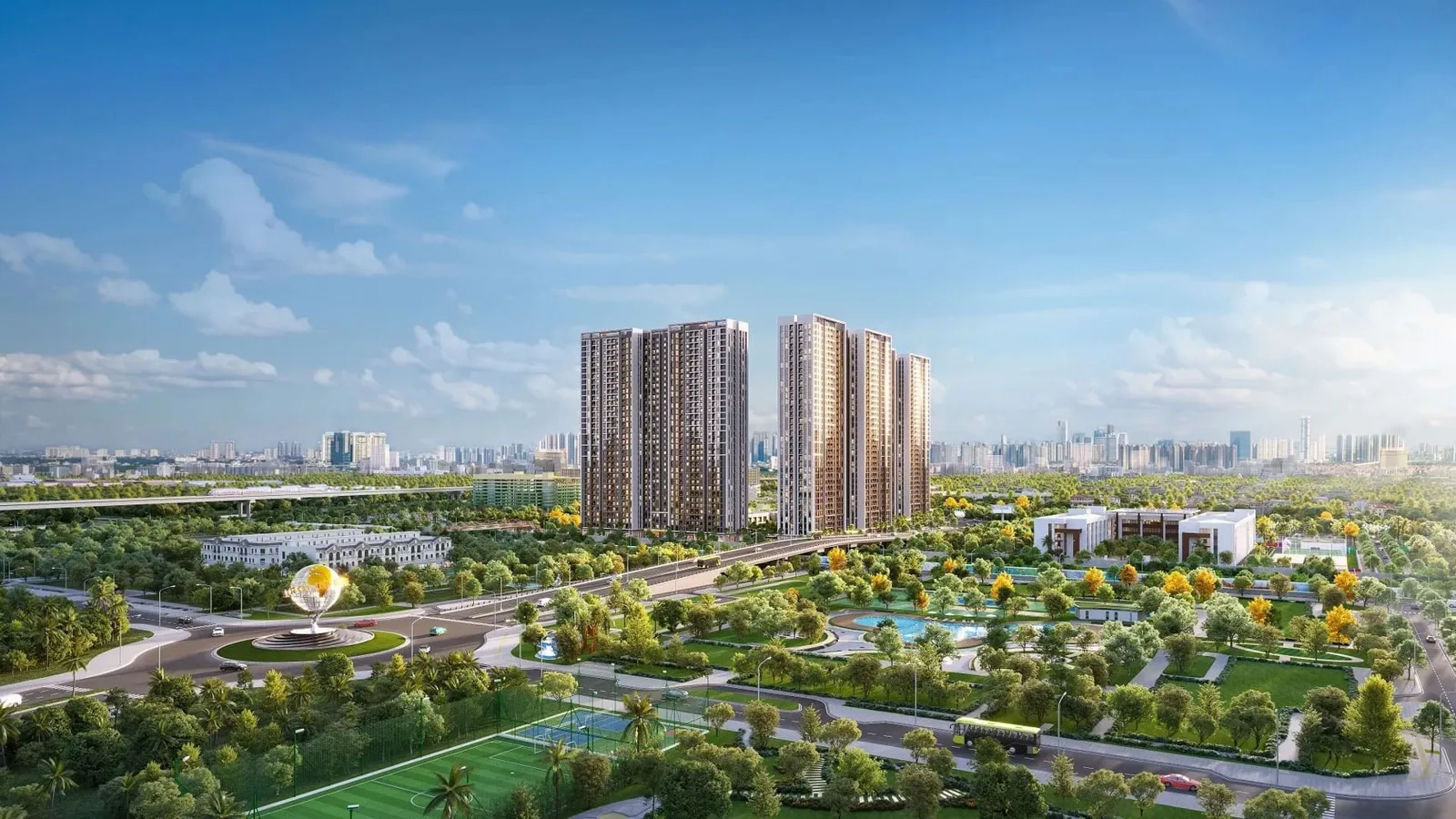 Hình ảnh khuôn viên xanh mát của Imperia Sensa Park với cây cối và bãi cỏ rộng rãi, thích hợp cho gia đình.