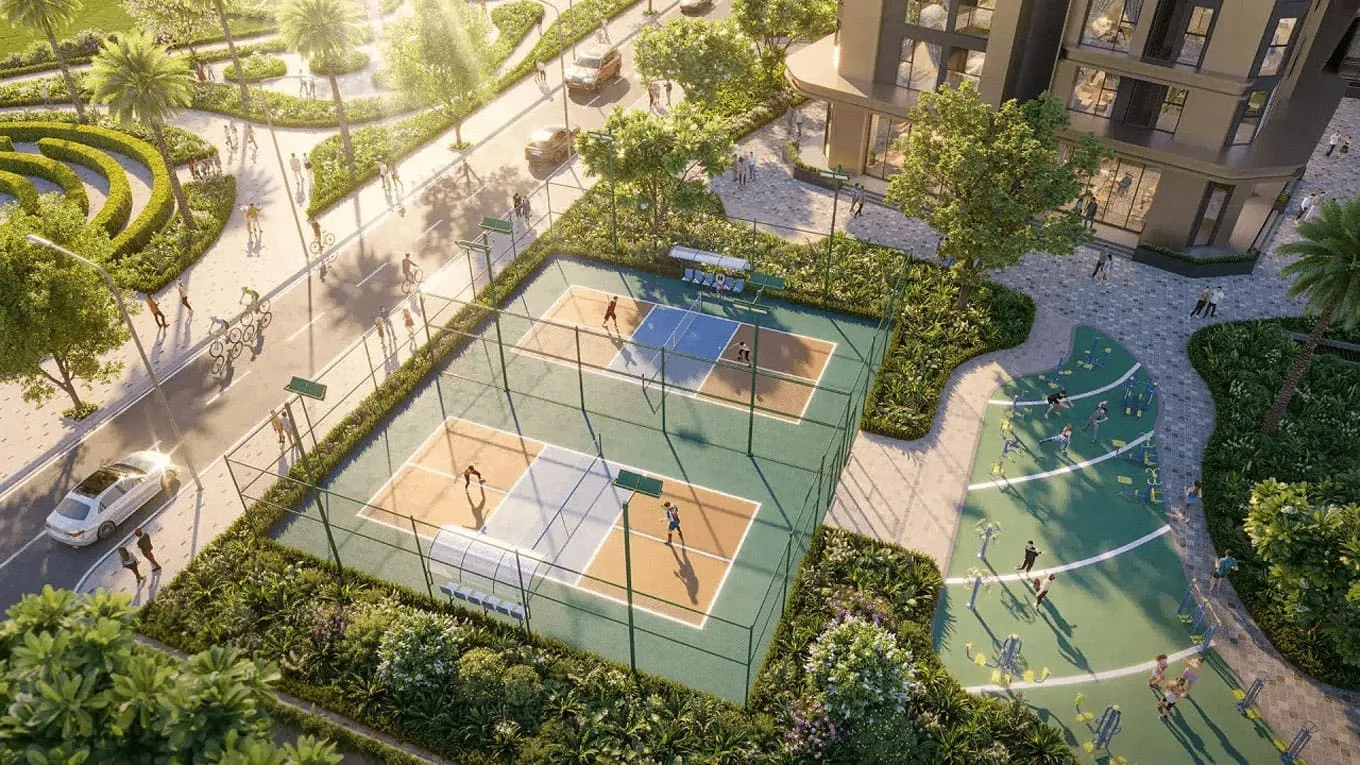 Cảnh quan tuyệt đẹp của Imperia Sensa Park với không gian xanh mát và đường đi bộ thoáng đãng.