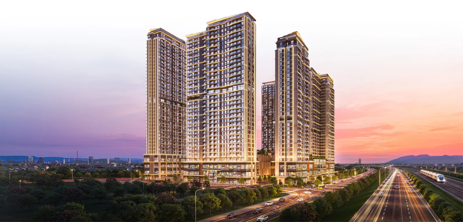 Cảnh quan xanh tươi của Imperia Sensa Park với cây cối, lối đi bộ và không gian thư giãn.