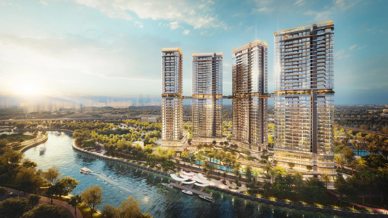 Cảnh quan xanh mát và dòng sông uốn lượn tại khu đô thị sinh thái Palm River.