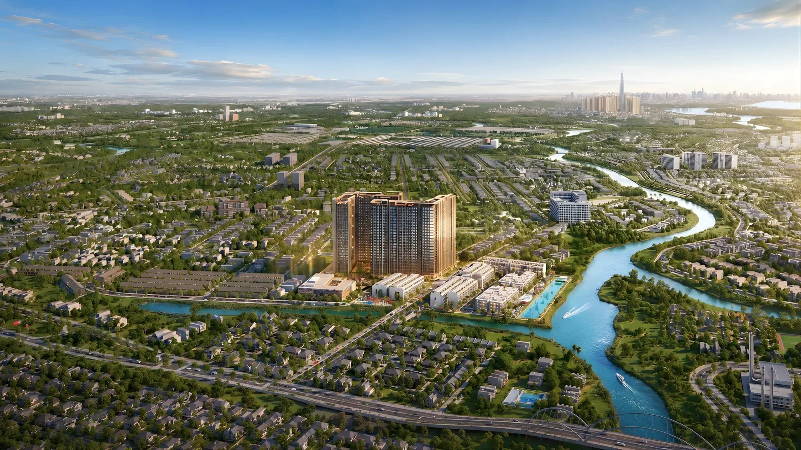 Khung cảnh xanh mát của Imperia Sensa Park với hồ nước và cây cối tươi tốt.