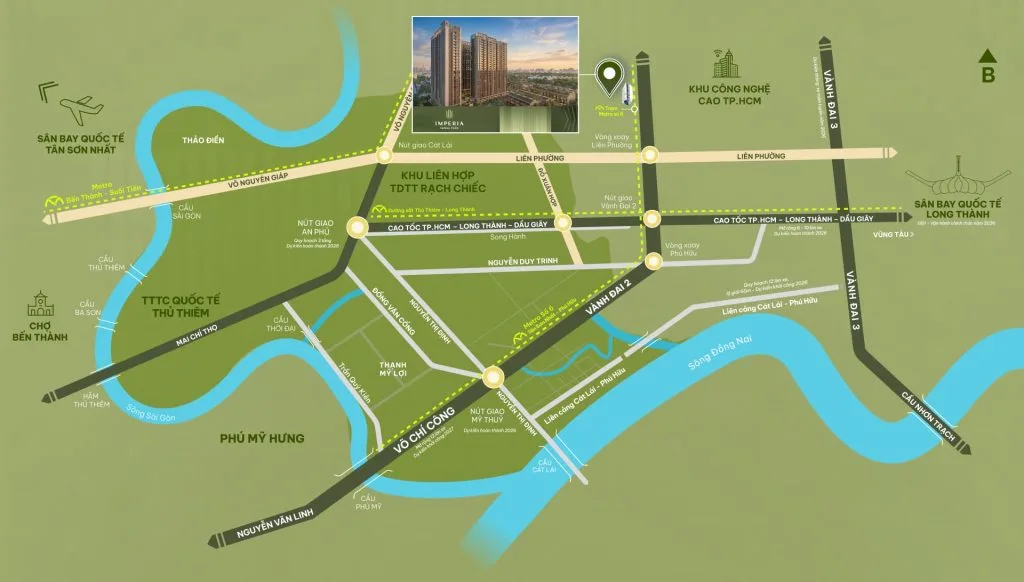 Bản đồ vị trí Imperia Sensa Park với các địa điểm xung quanh nổi bật.